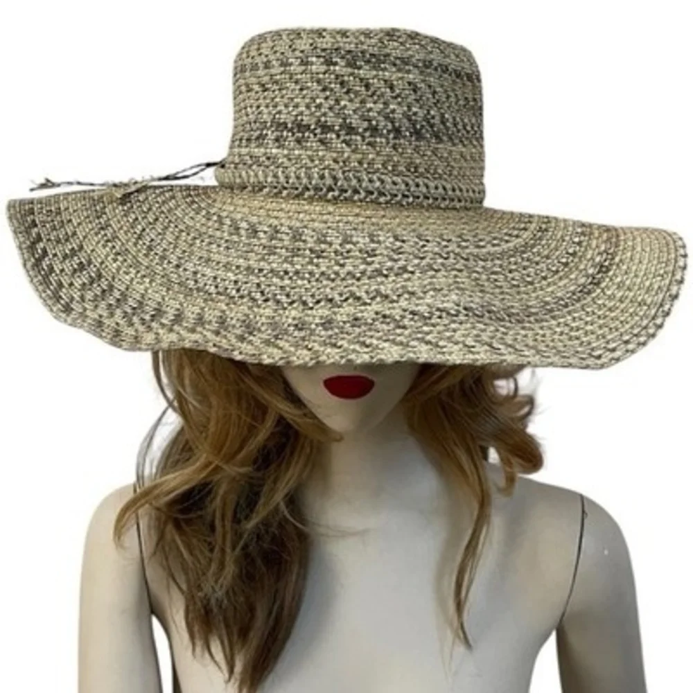 David & Young Wide Brim Floppy Sun Hat Paper Straw Mixed Tweed Natural Gray VG